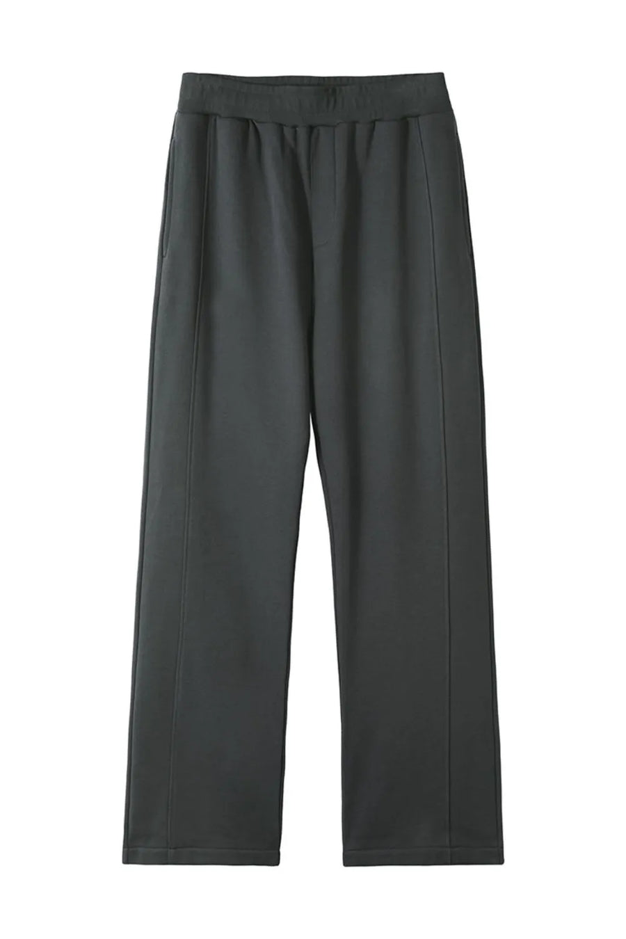 Dark gray seamed lounge trousers with a relaxed fit and elastic waistband.
