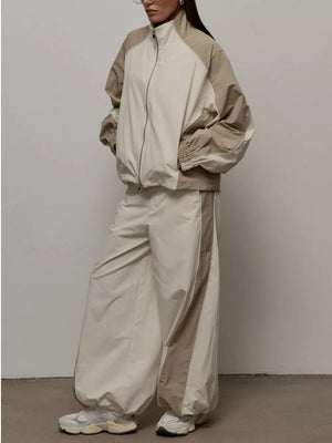 Grey Color Block Zip Up Outerwear And Pants Set
