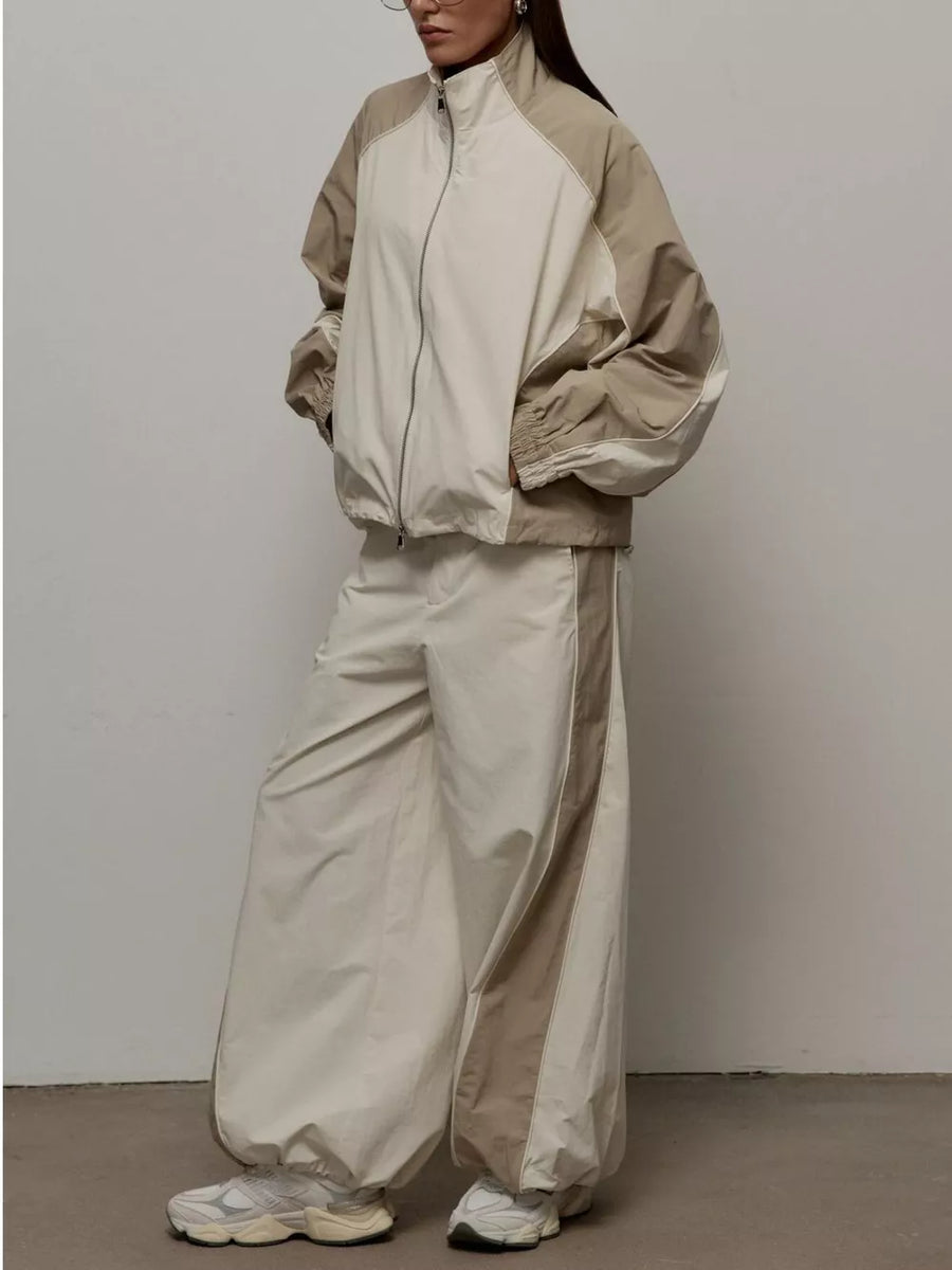 Grey Color Block Zip Up Outerwear And Pants Set