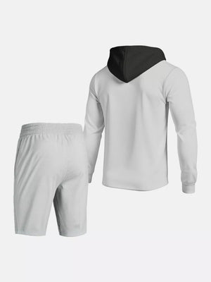 Black with Men's Casual Hooded Button-up Shirt And Shorts Set in Black