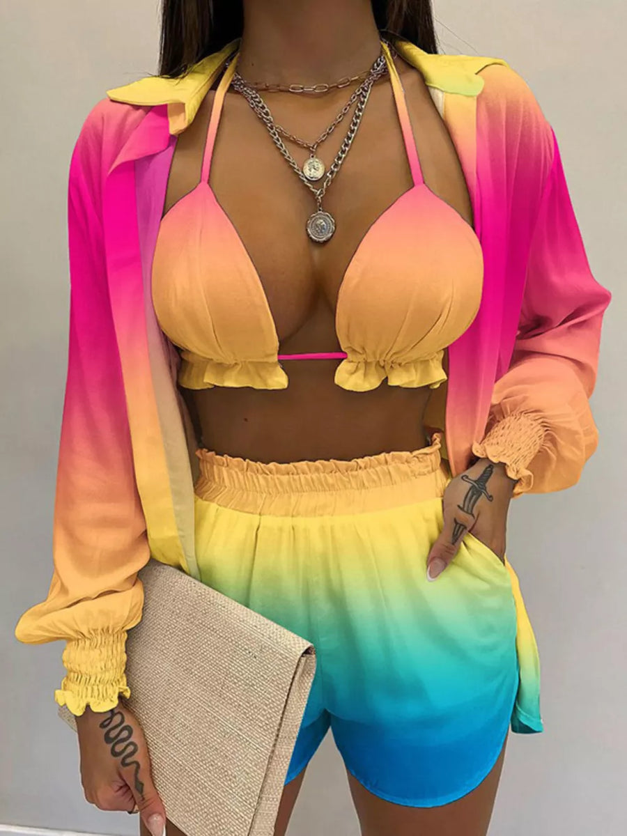 Ombre floral print two-piece outfit set with ruffled bikini top and shorts, and a matching button-down shirt.