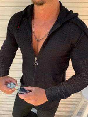 Black textured grid-pattern zip-front hoodie with deep plunge neckline