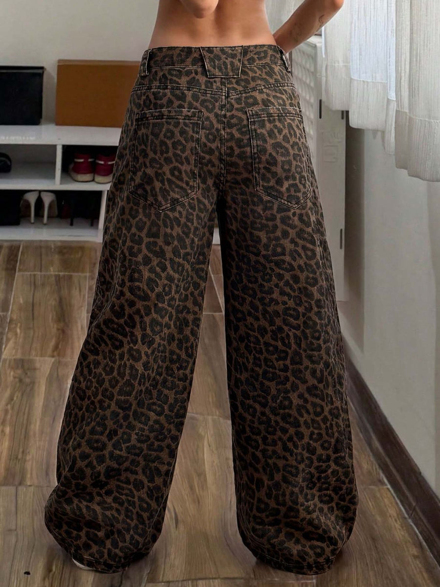 brown wide-leg jeans with full-length and button, zipper