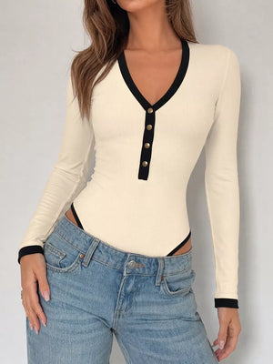 Tan Ribbed V-neck Long Sleeve Bodysuit