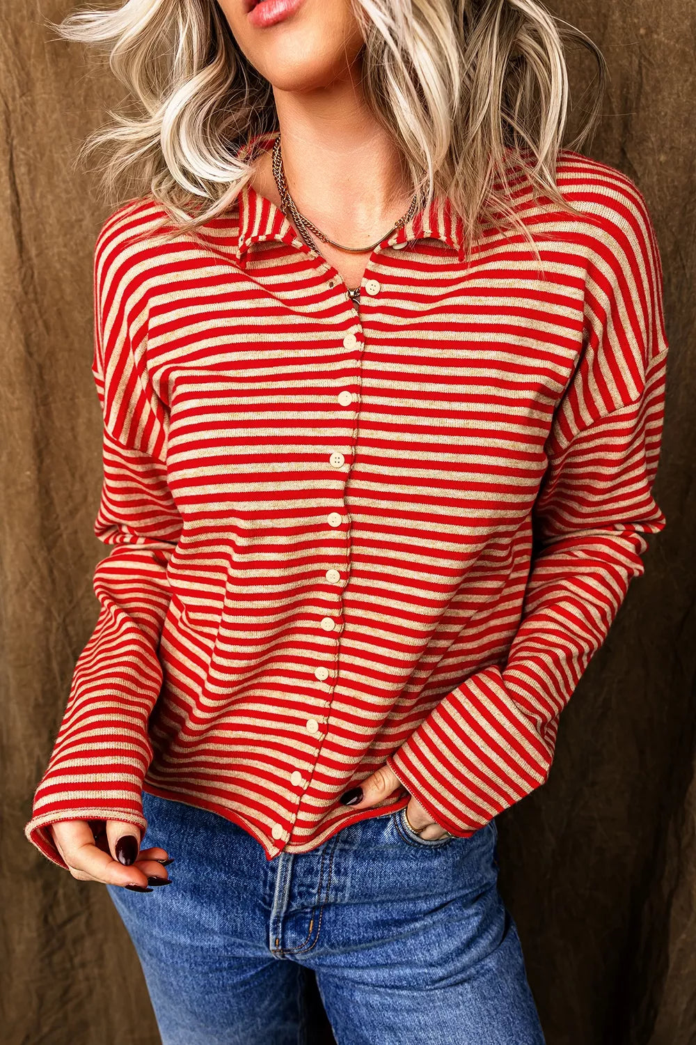 Scarlet Striped Button Collar Long Sleeve Cardigan