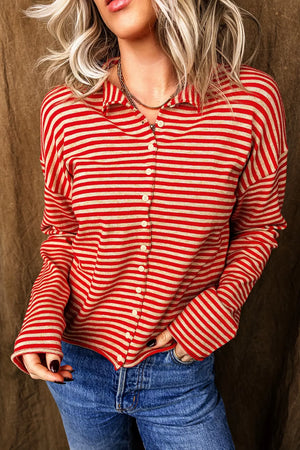 Scarlet Striped Button Collar Long Sleeve Cardigan