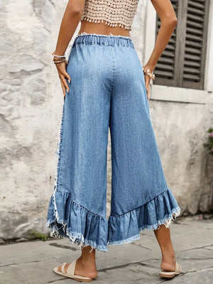 Blue wide-leg jeans with ankle-length and drawstring