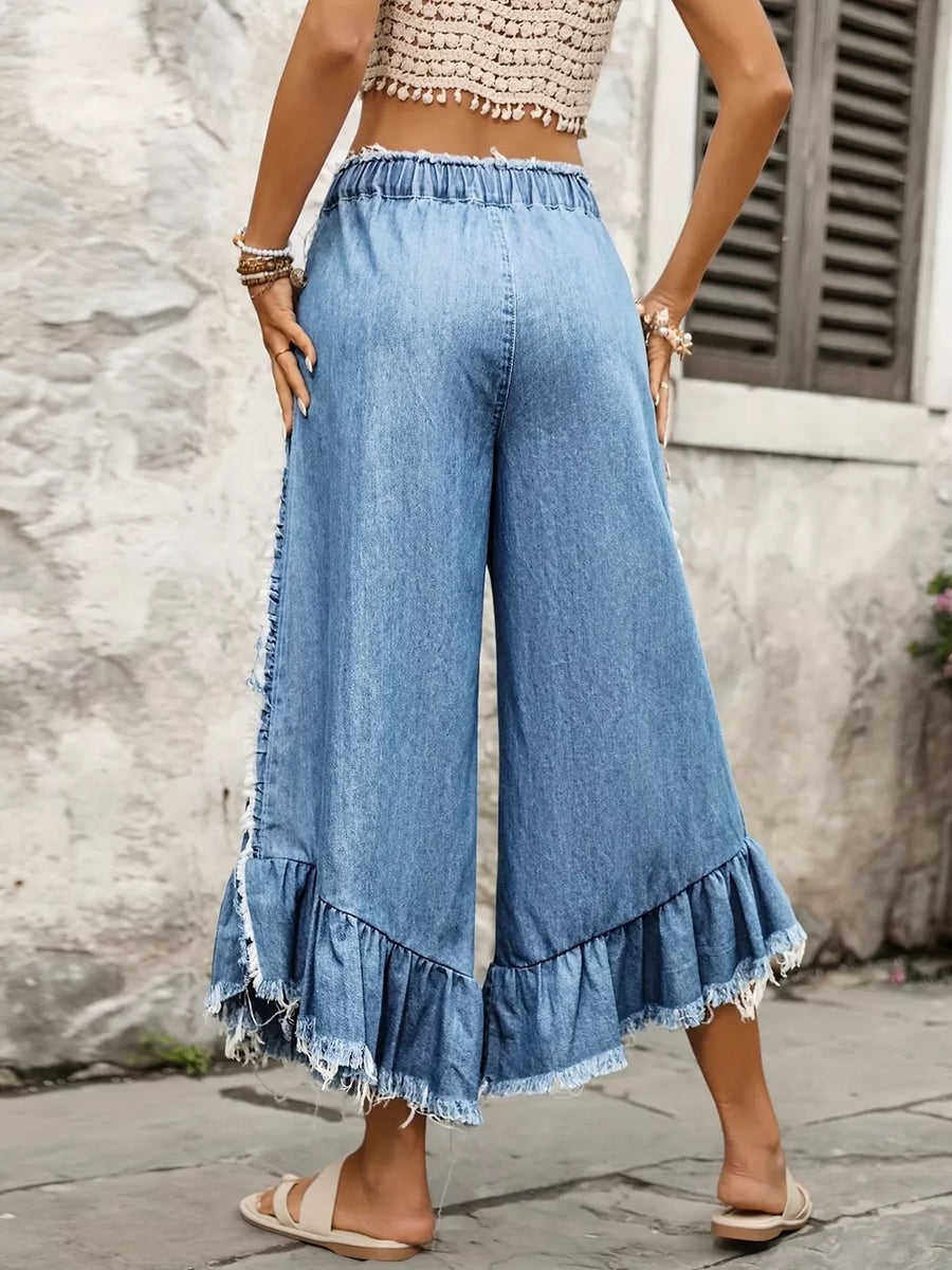 Blue wide-leg jeans with ankle-length and drawstring