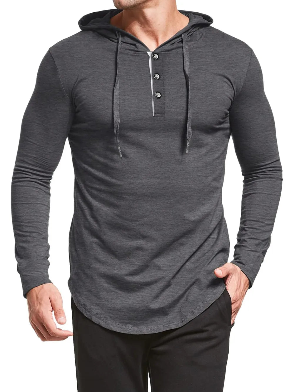 Dark gray long sleeve henley hooded tee with button placket and curved hem