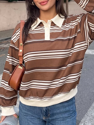 Coffee Brown Striped Dropped Shoulder Sweatshirt