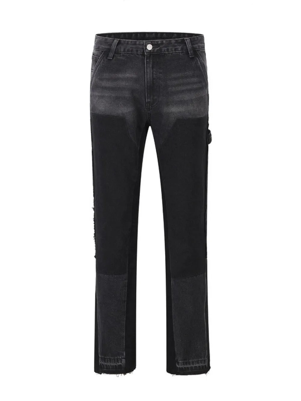 Black two-tone carpenter jeans with a straight leg fit and distressed details.