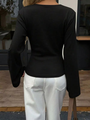 wrap top in oatmeal with ruched and waist-length