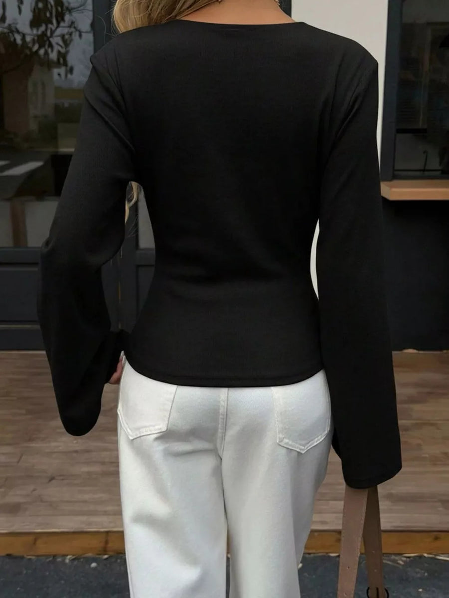 wrap top in oatmeal with ruched and waist-length