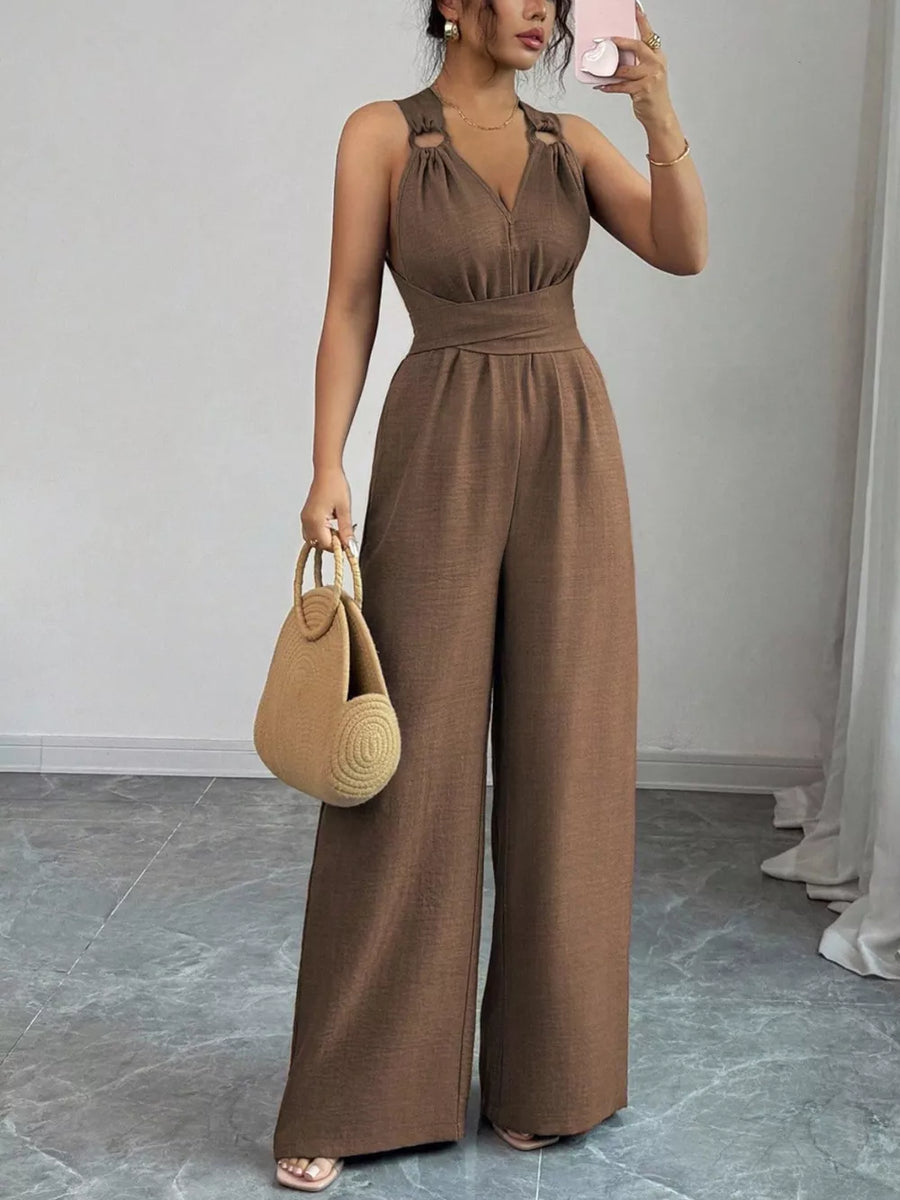 Navy Blue wide-leg jumpsuit with v-neck
