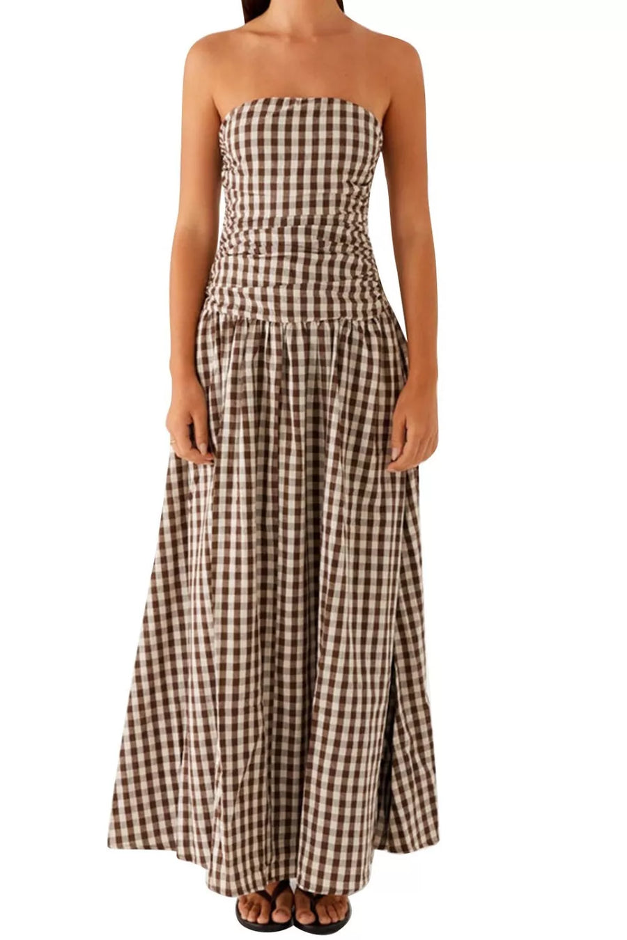 Ruched strapless maxi dress in brown gingham with a flowing skirt
