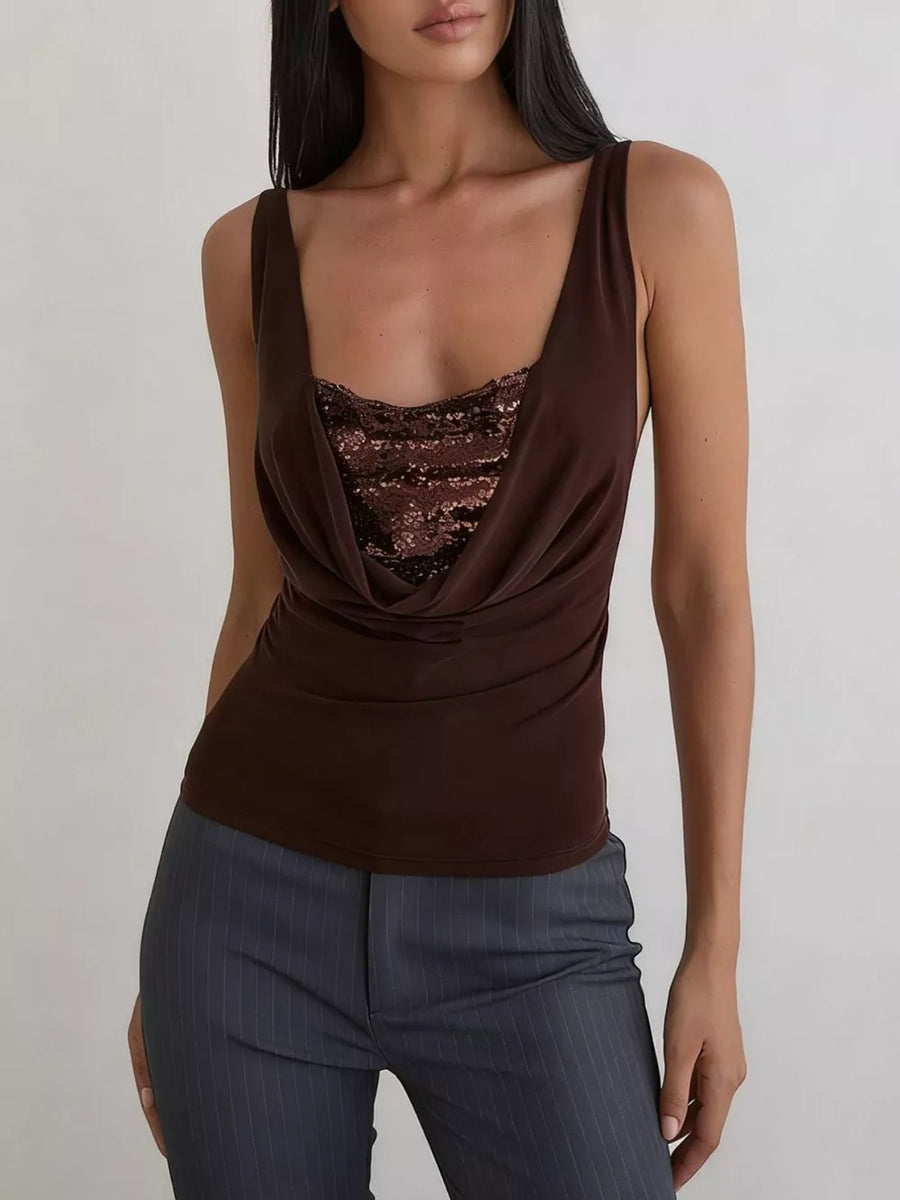 Dark brown cowl neck tank top with sequin detail and ruched bodice.