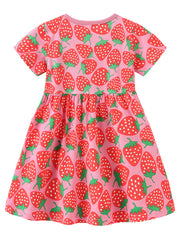 Toddler pink cotton blend dress with allover red strawberry print and short sleeves.
