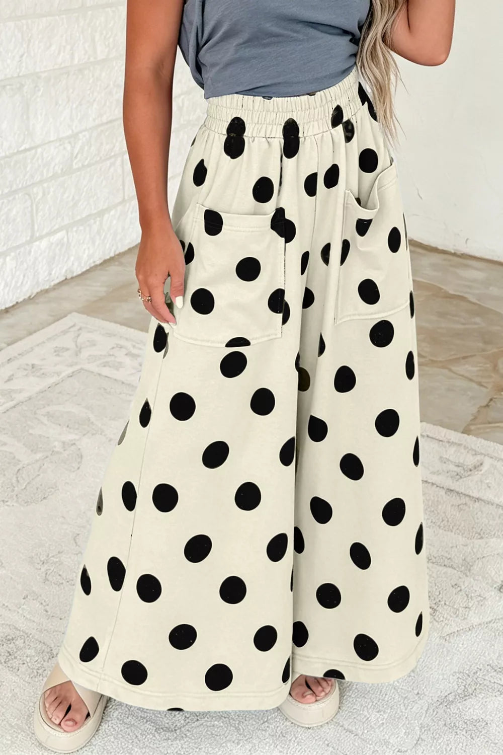 Beige Polka Dot Wide Leg Elastic Waist Pants