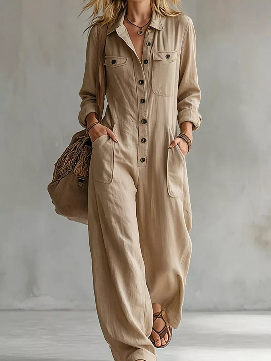 White jumpsuit with full-length and button-front