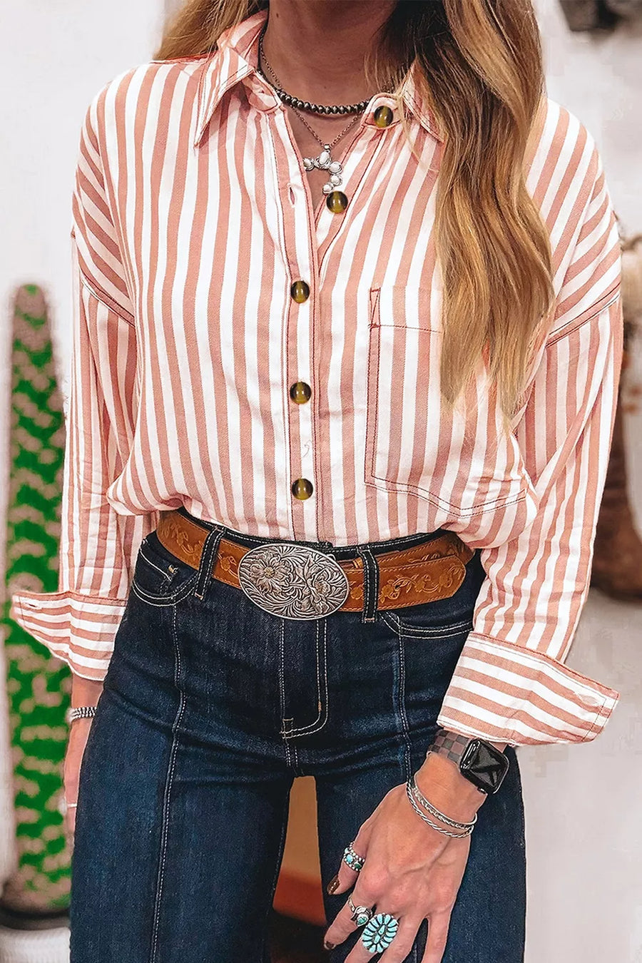 Stripe Western Button Down Long Sleeve Shirt option 5