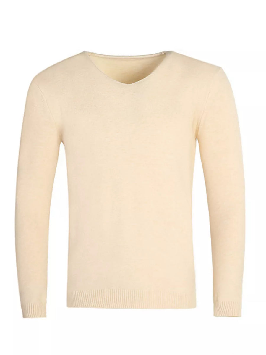 Beige White Men's Plus Size Solid Color Long Sleeve Knit Top
