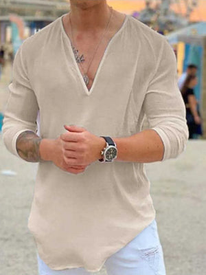 Khaki linen relaxed fit top with deep V-neck and long sleeves