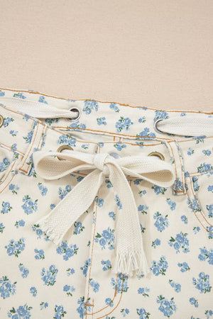 Grommet Knot Waist Floral Barrel Leg Jeans option 5