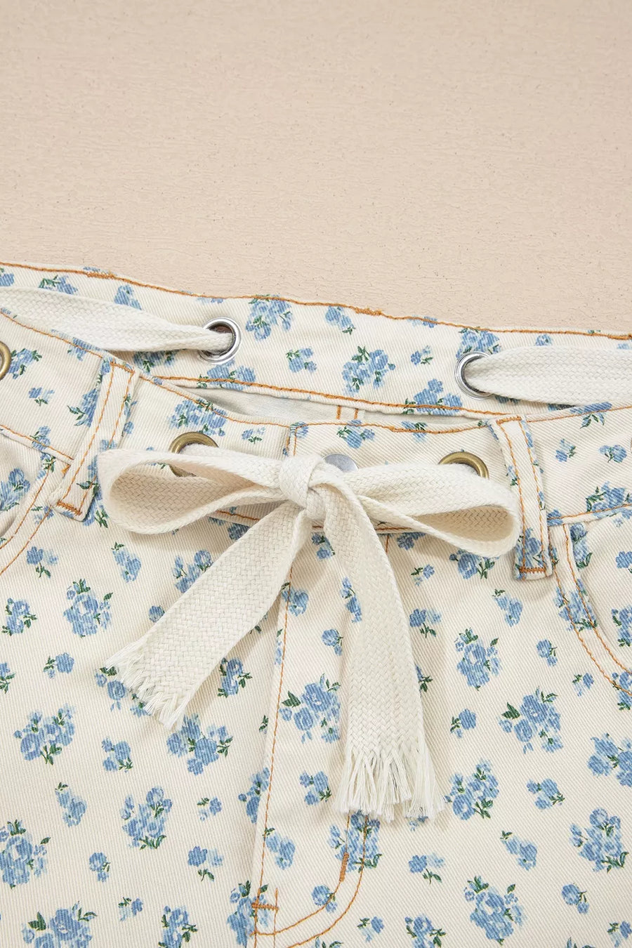 Grommet Knot Waist Floral Barrel Leg Jeans option 5