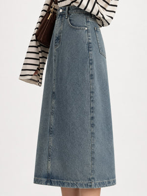 High-Waisted Vintage Wash Midi Denim Skirt Plus Size in Black with washed
