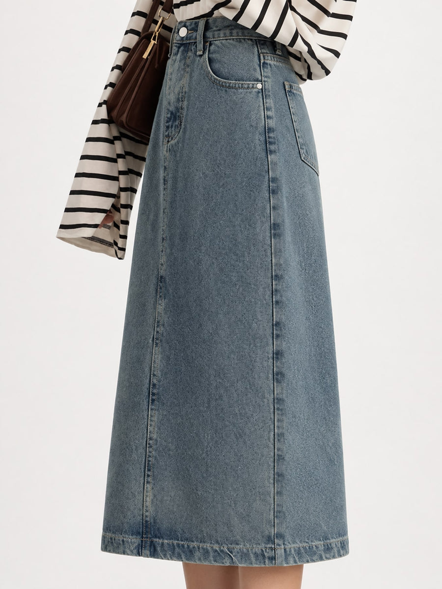High-Waisted Vintage Wash Midi Denim Skirt Plus Size in Black with washed