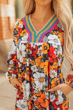 Boho Floral Print V-neck Mini Dress With Pockets option 7