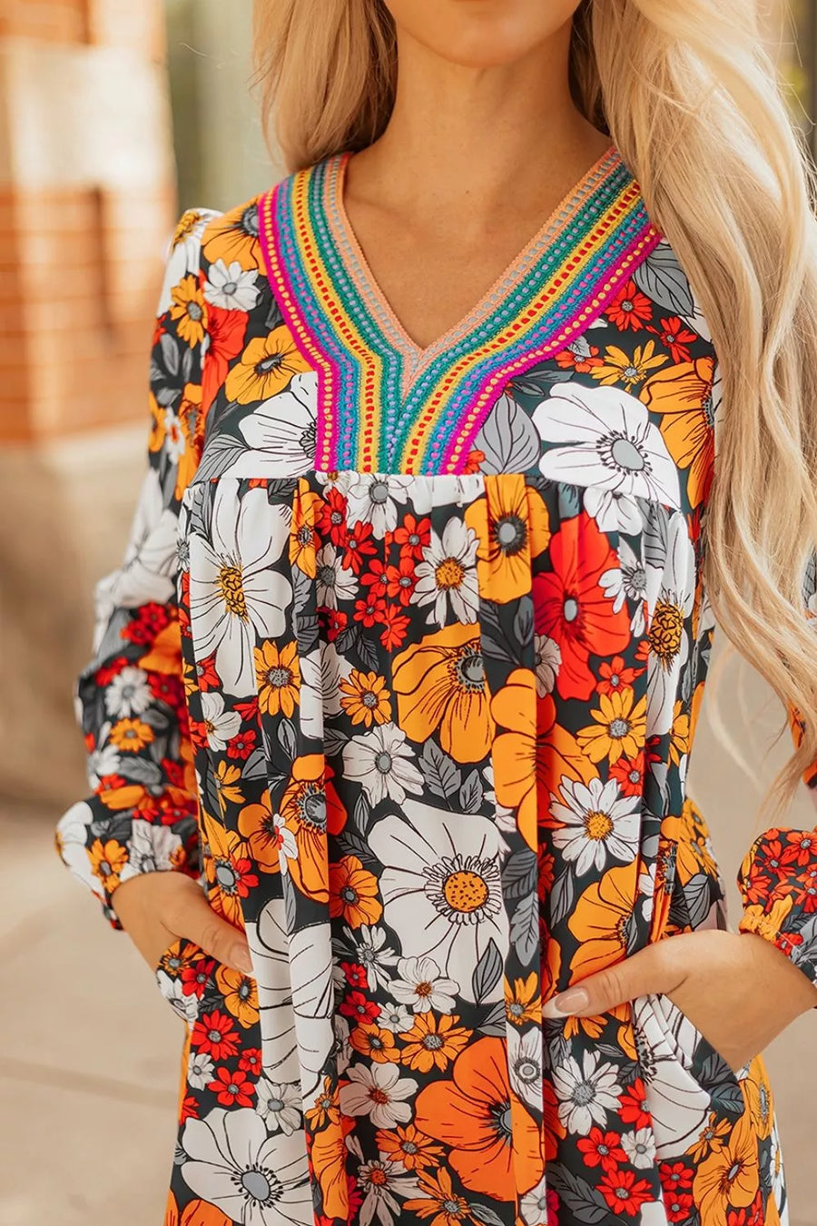 Boho Floral Print V-neck Mini Dress With Pockets option 7