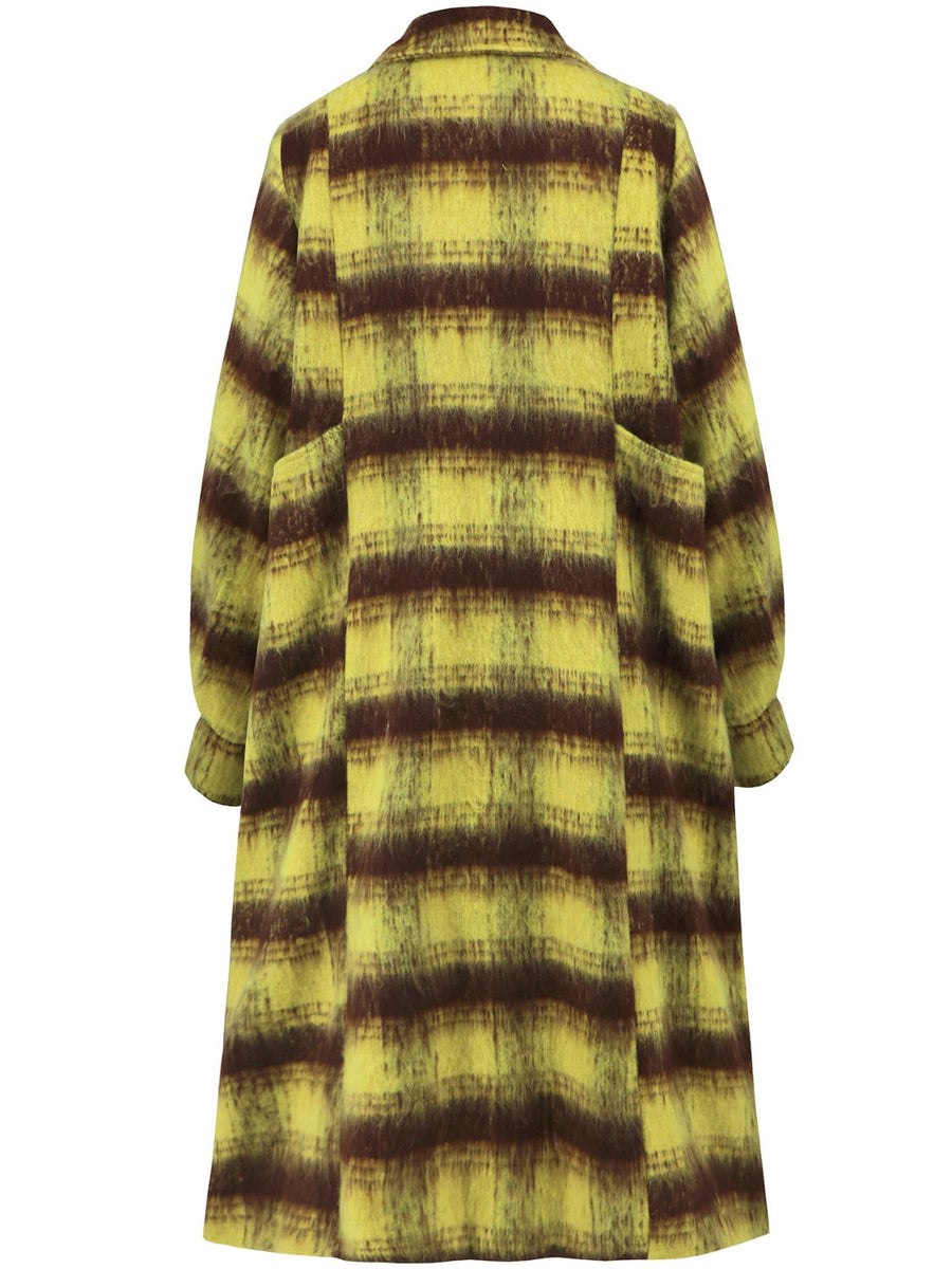 Checked plaid cocoon coat in lime with oversized fit and patch pockets.
