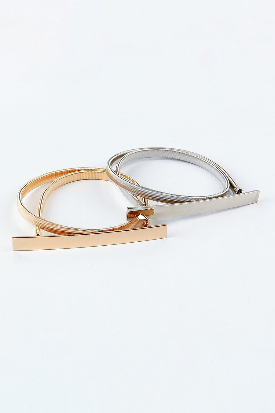 Slimline gold and silver metal elastic belts with rectangular buckle detail