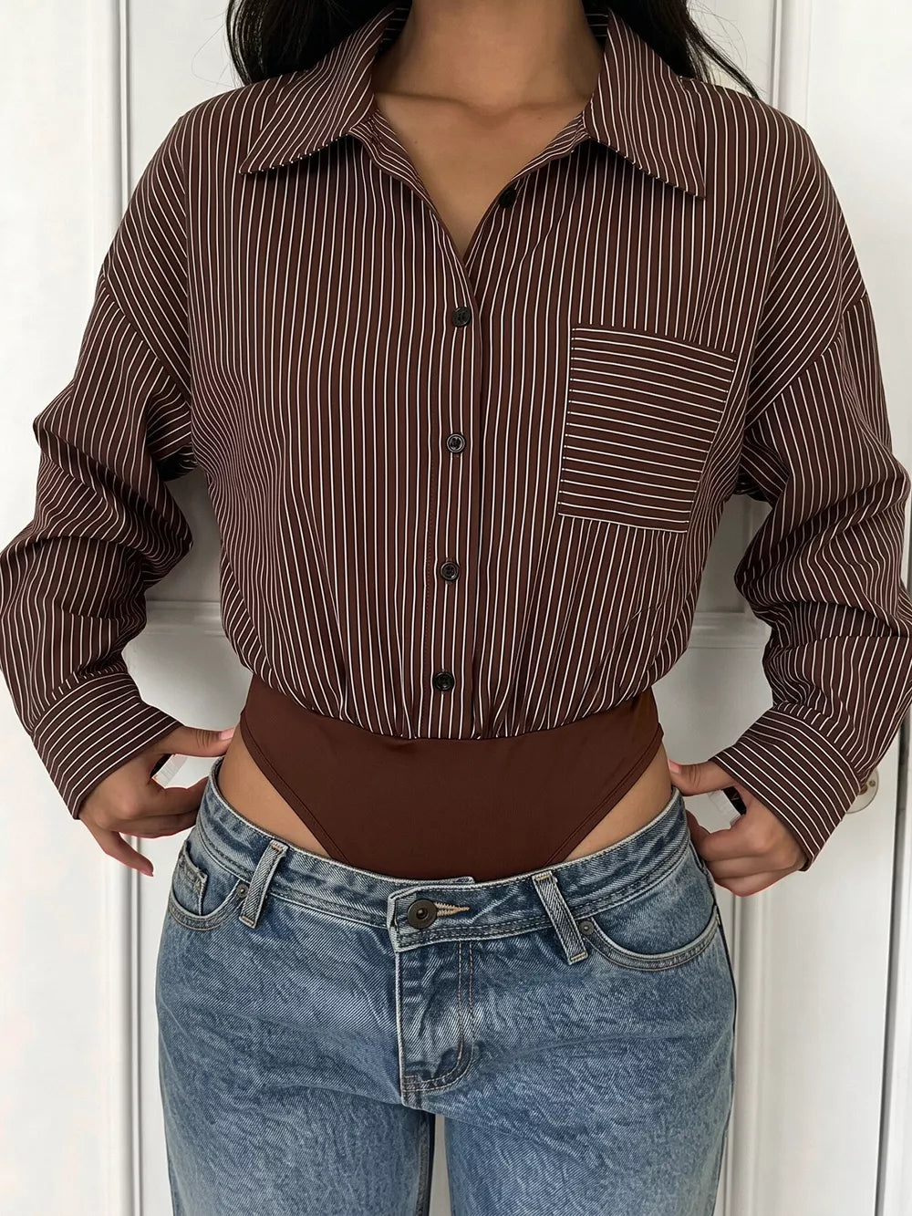 Brown with Striped Button-up Bodysuit