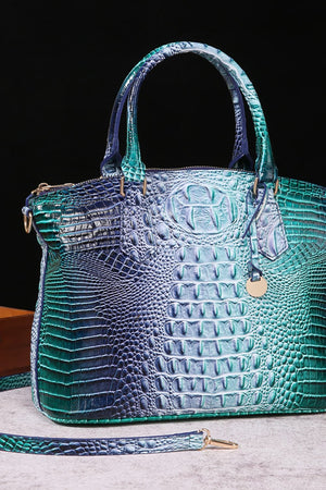 Exotic Crocodile Satchel bag in a blue/green gradient with embossed texture and gold hardware.