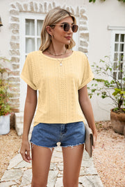 Light Yellow perforated sleeve tee with rolled cuffs and crew neck.