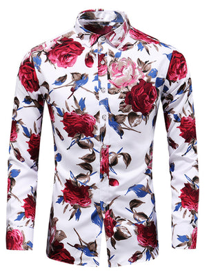 red button-down shirt featuring button cuffs and floral
