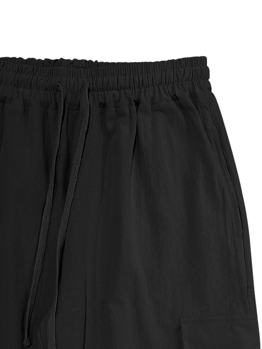 Black cargo pants with elastic waistband and drawstring detail