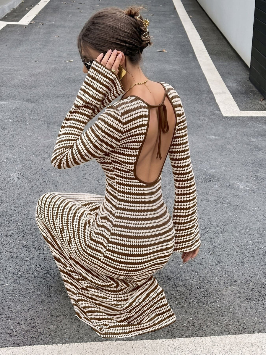 sweater dress in Brown with striped and ribbed