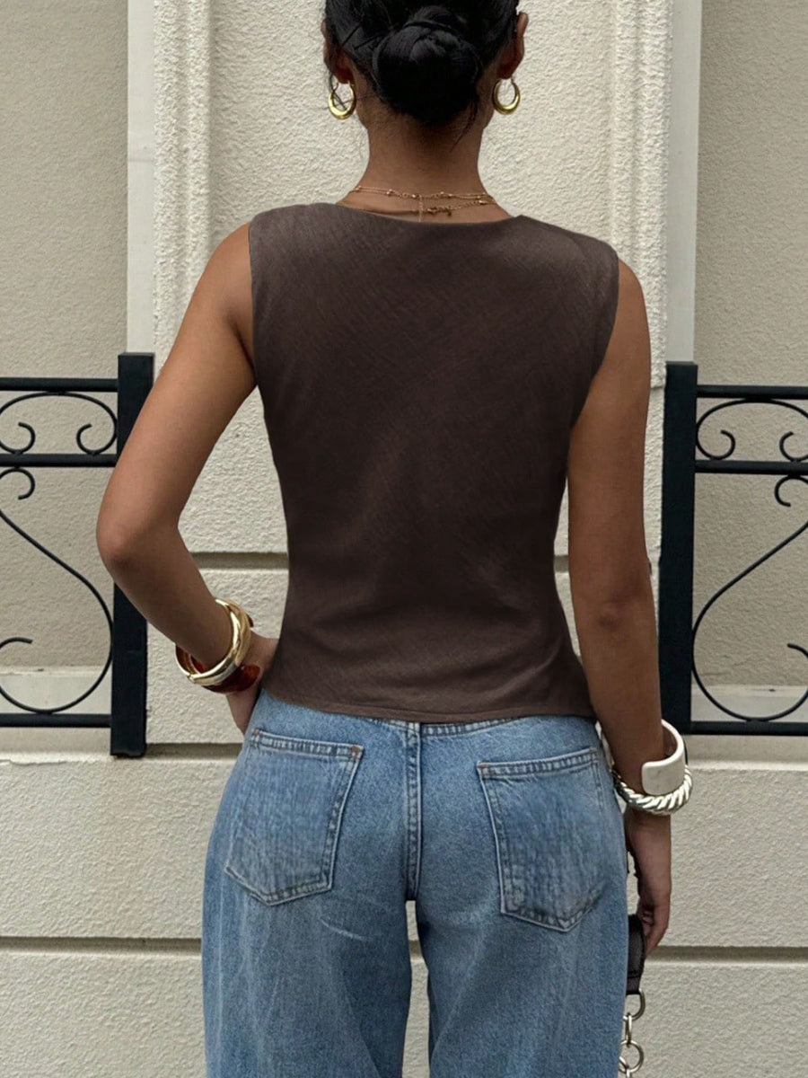 Chocolate asymmetrical cowl neck cami top with a subtle texture.