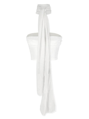 White ruched tube top with a sheer scarf detail and a cropped fit.
