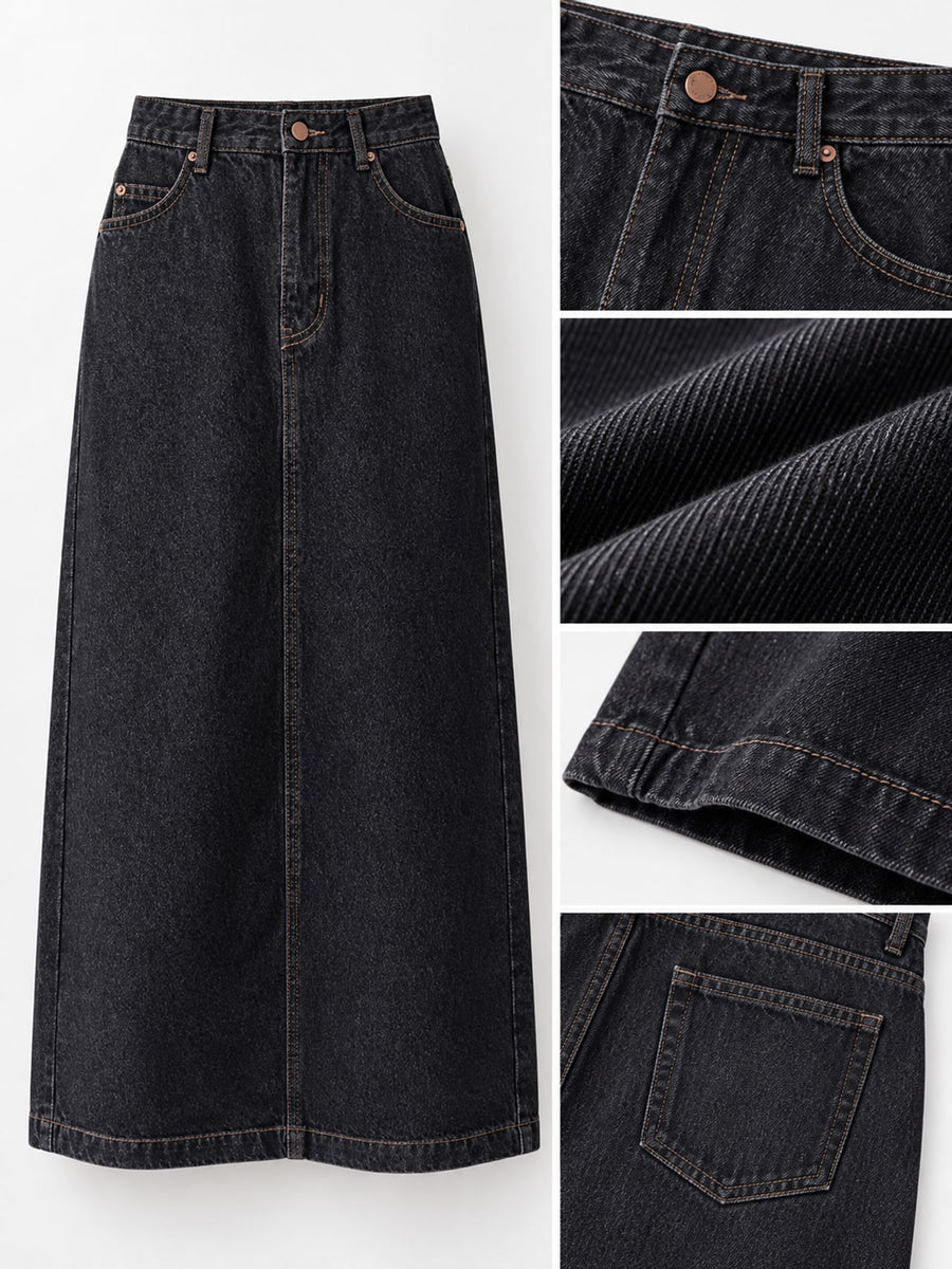 Vintage Blue midi skirt with midi and zip-front, button
