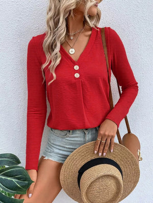 Full Size V-neck Decor Button Long Sleeve T-shirt Plus Size in Red