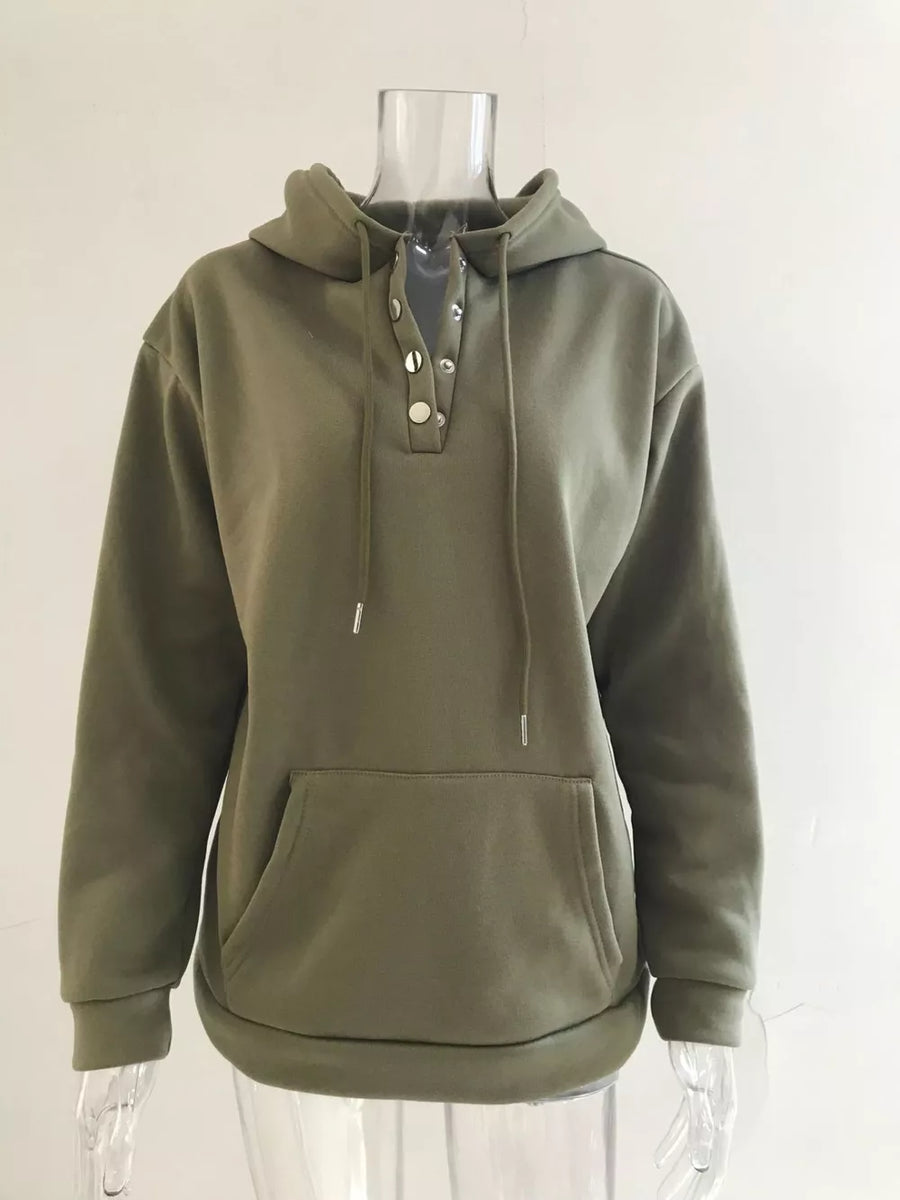 Full Size Kangaroo Pocket Drawstring Hoodie in Army Green, view 12