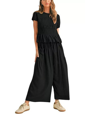 White Smocked Peplum Top And Wide-leg Pants Set