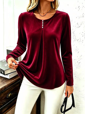 blouse in Dark Green with decorative button and hip-length