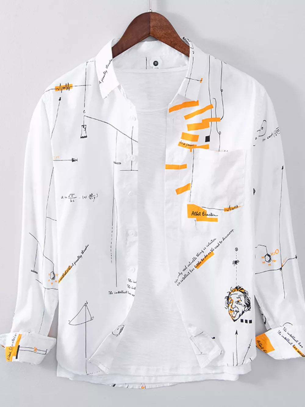 White cotton blend long sleeve shirt with science print and Albert Einstein graphic.