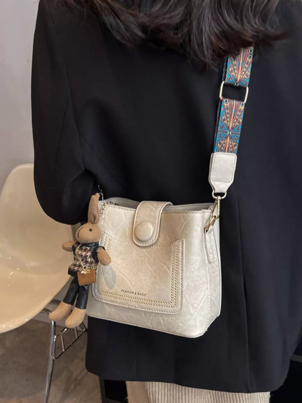 Pu Leather Crossbody Bag in White with adjustable strap