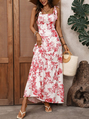 Floral tie strap maxi dress with tiered skirt and square neckline.